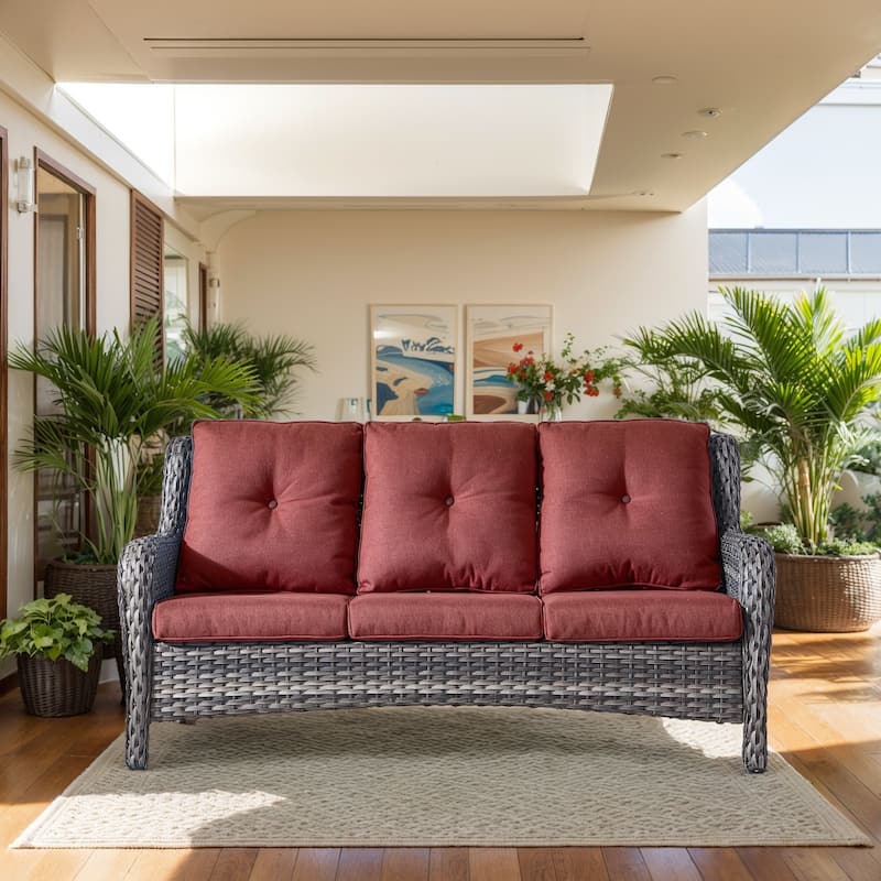 Outdoor Patio Sofa & All-Weather Rattan Sofa - Red - Grey