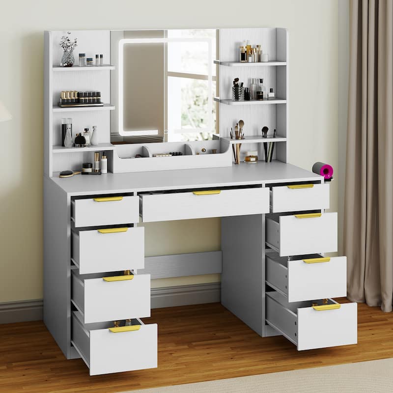 Moasis 9 Drawers Bedroom Vanity Desk,Makeup Vanity with Lighted Mirror and 9 Open Shelves