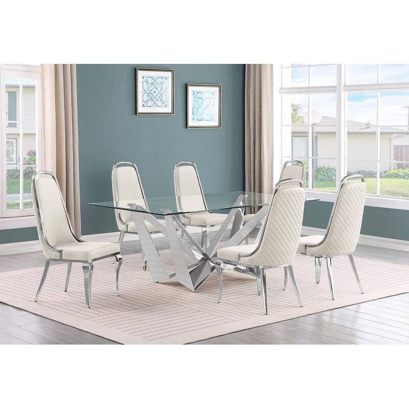 Best Quality Furniture D400/1-SC310-7 Dining Set with 78" 12mm Glass with Bevel - 7-Piece - Cream / Silver