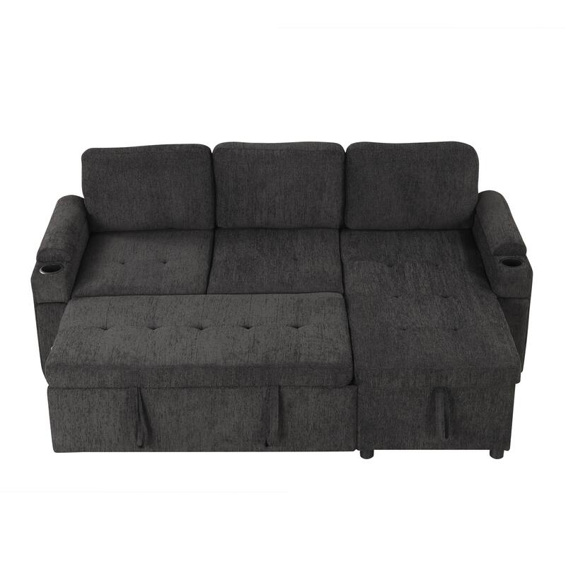 L-Shaped Convertible Sofa Bed with Reversible Chaise Lounge, Chenille Fabric Sectional Sofa with 2 Cup Holders & 2 USB Ports