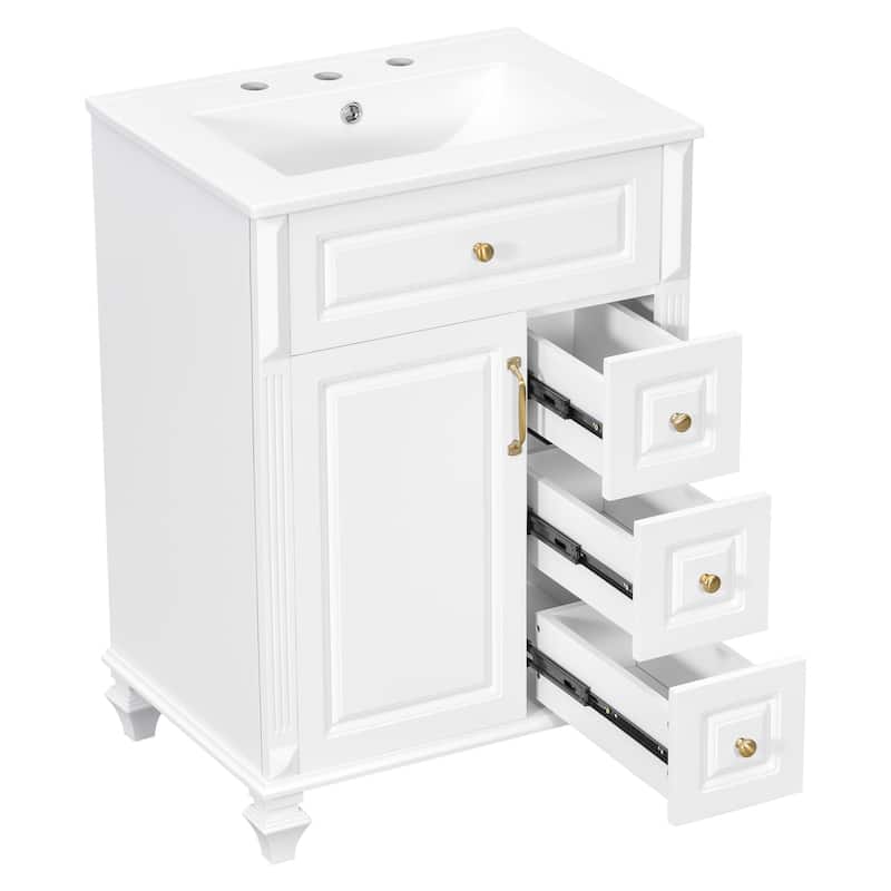 24" Freestanding Bathroom Vanity with Ceramic Sink, Flip-Out Drawer & 3-Drawer Cabinet, Solid Wood & MDF