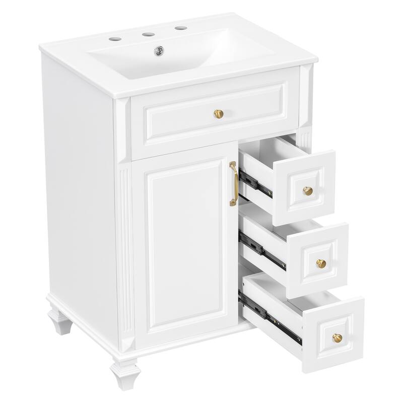 24"Bathroom Vanity with Sink, Freestanding Vanity Cabinet with Flip-Out Drawer, 3 Drawers & Storage Cabinet, Ceramic Sink Top