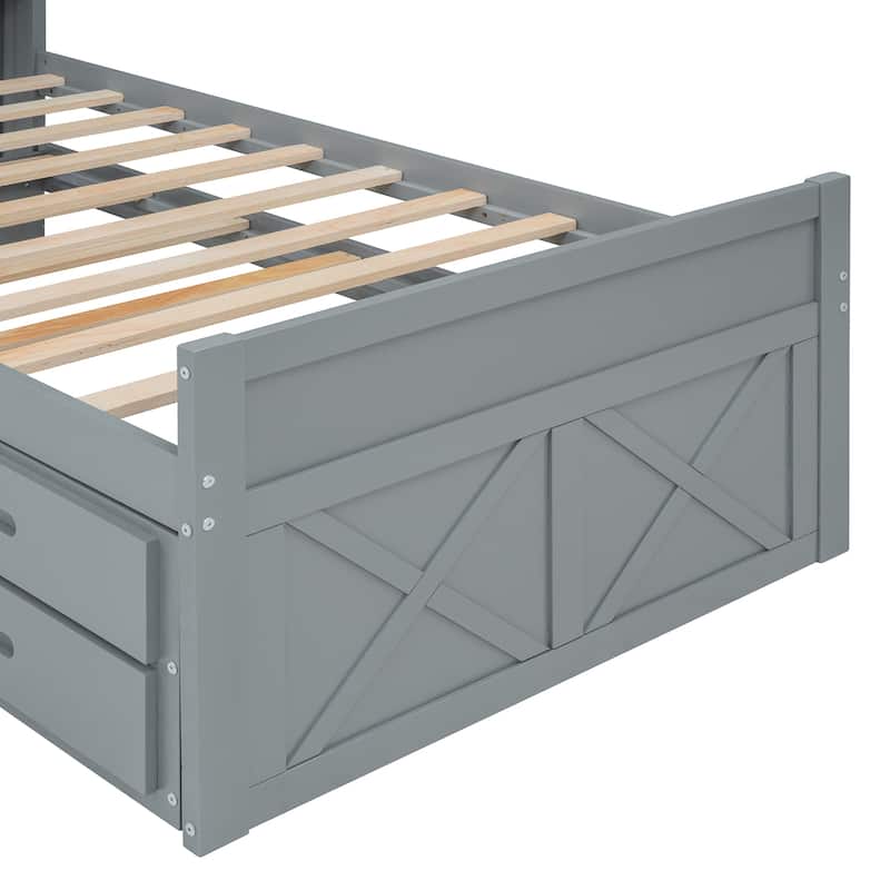 Wooden Platform Bed Outlets on Storage Headboard, Wood Slat Panel Bed Frame with 3 Storage Drawers & Pull-out Trundle Bed