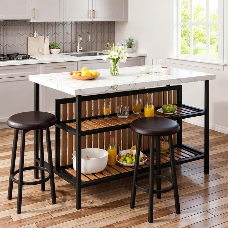 Grondin Mid-Century Modern 3-Piece Faux Marble Top Kitchen Island Set with 2 Stools and Shelves