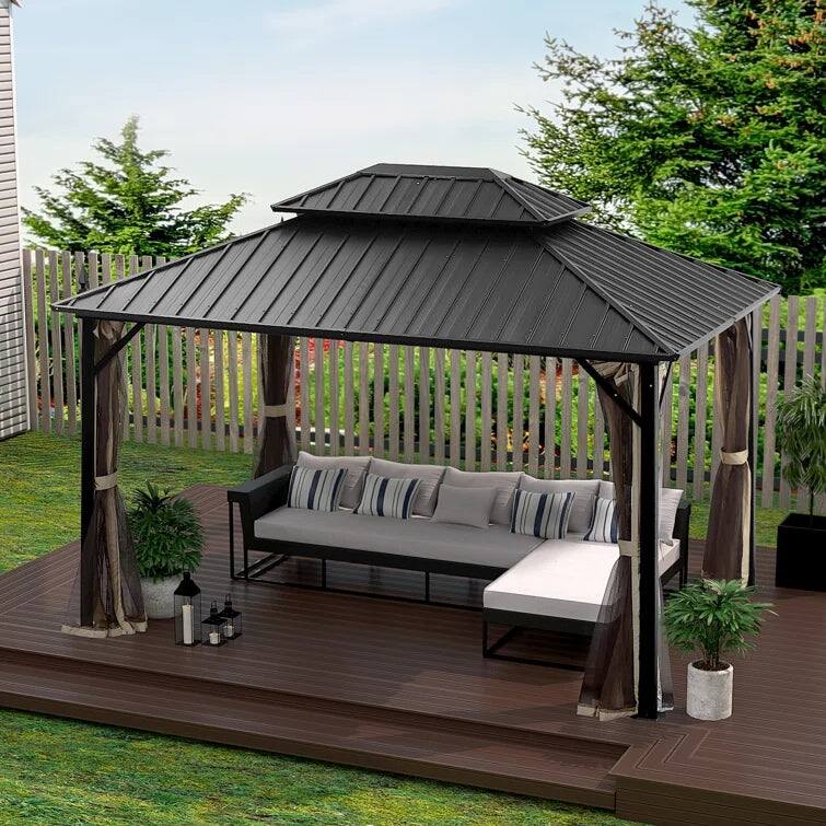 Zenova 16'x 12' Outdoor Double Hardtop Patio Gazebo with Mosquito Net