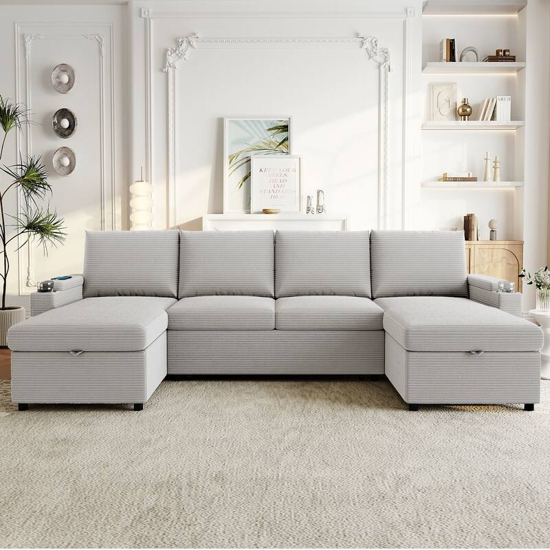 U-Shaped Sectional Sofa Convertible Sleeper Sofa with Dual Storage Chaise Lounges, Cup Holders, USB, Storage Boxes and Pockets