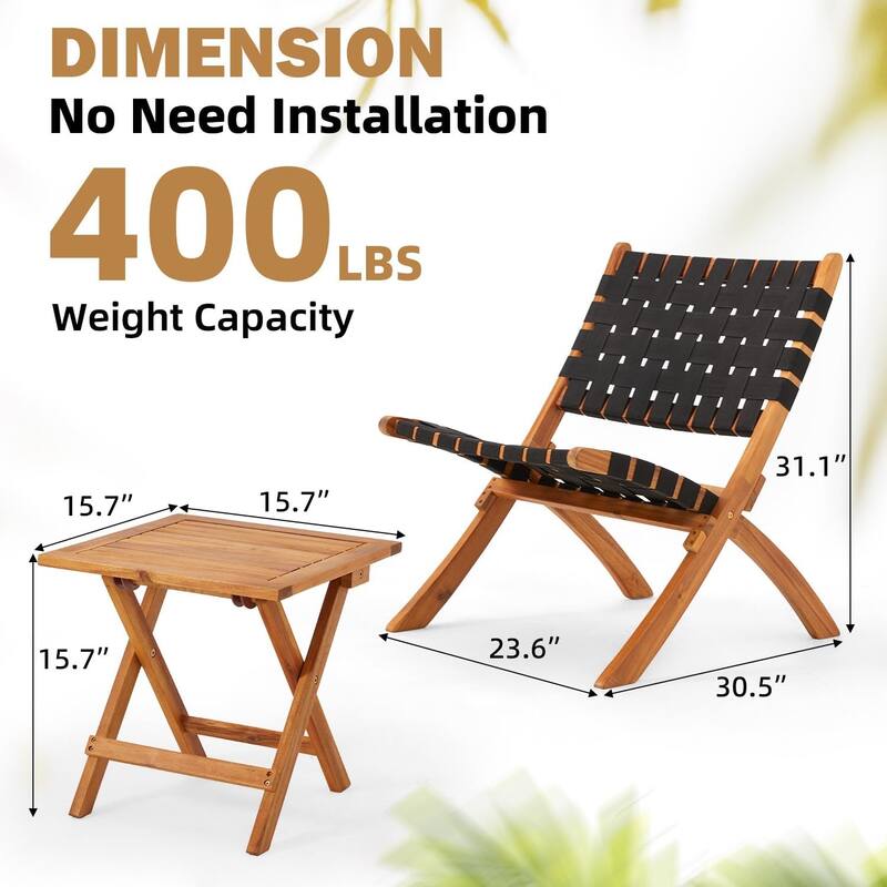 AECOJOY Outdoor Bistro Set for 2, Acacia Wood Patio Furniture Set with Coffee Table & Folding Chairs