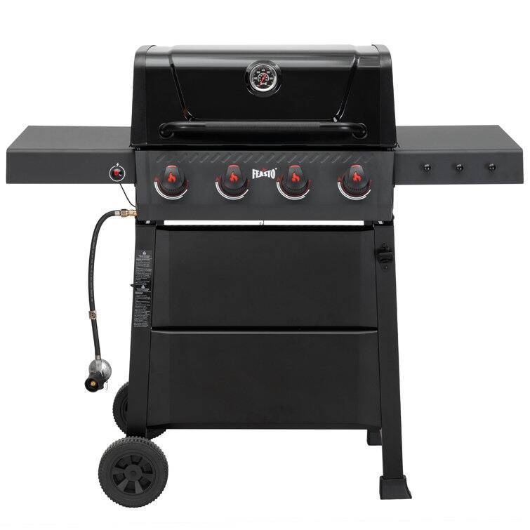 Feasto 4 Burner Liquid Propane Freestanding Gas Grill Cart with Side Table and Wheels, Porcelain-Enameled Grates