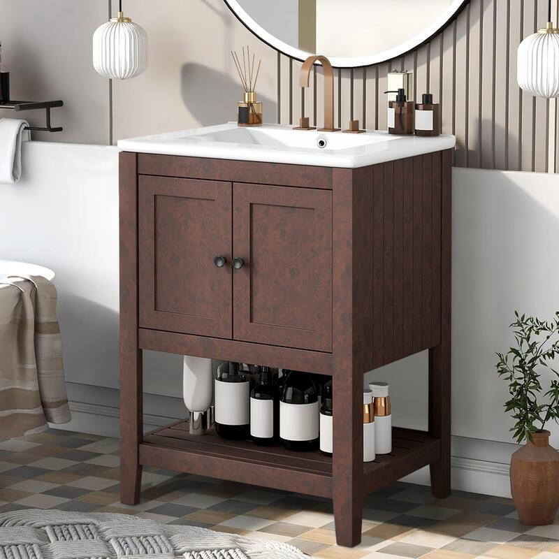 24" Bathroom Vanity Ceramic Sink with Solid Wood Frame Open Style Shelf - Brown