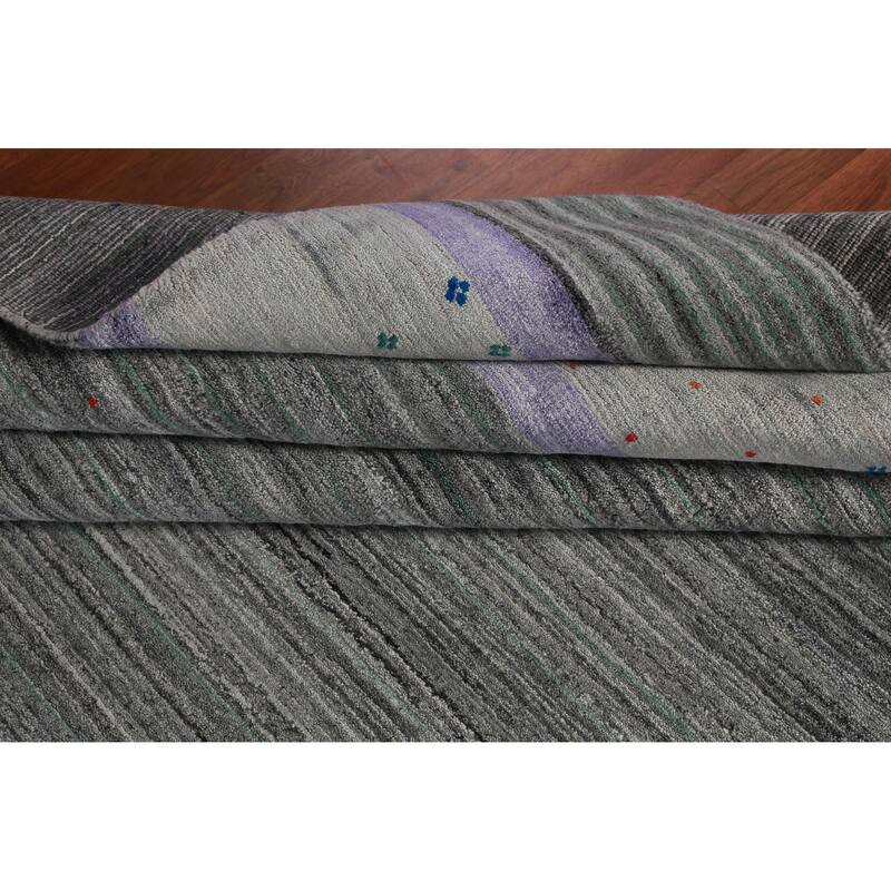 Hand Knotted Oriental 100% Wool Carpet Tribal Stripe Greys & Charcoal Gabbeh Area Rug - 12' 6'' X 9' 3''