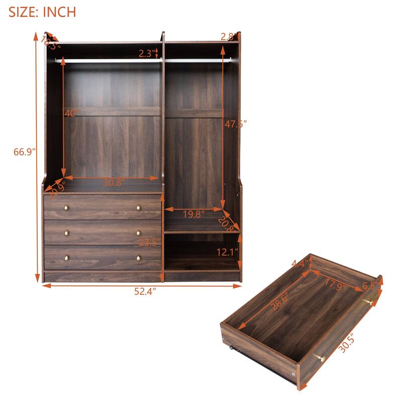Wooden Open Wardrobe Storage Clothes Storage Cabinet with Dual Hanging Rods and Five Shelves Armoire for Bedroom