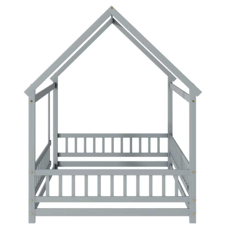 Full Size House Floor Wooden Bed with Roof Frame