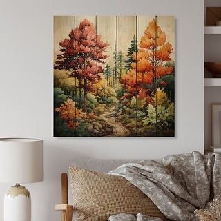 Designart "Pine Tree Autumn Magic II" Landscapes Print on Natural Pine ...