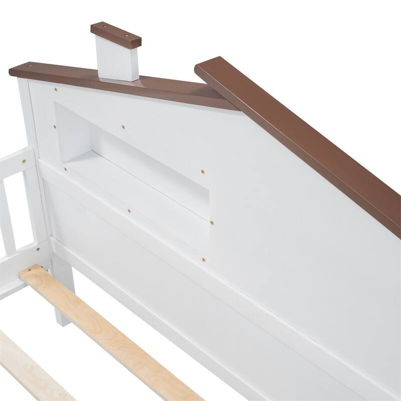 Twin/Full Size House Platform Bed with LED Light and Fence Guardrails, Wooden Kids Bed Frame with House Shaped Headboard