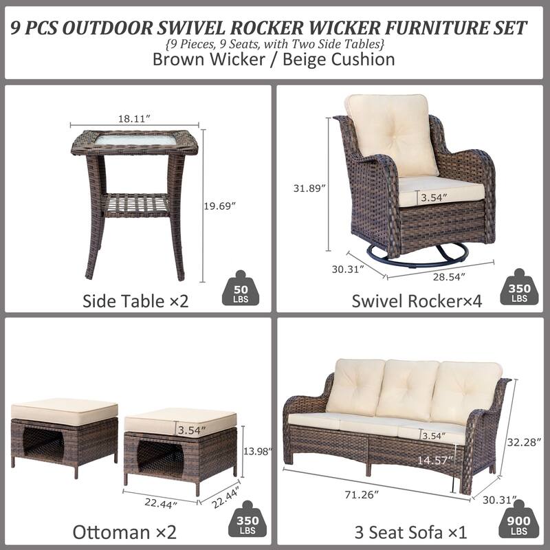 Outdoor Wicker Patio Conversation Seating Sofa Sets with Swivel Chairs