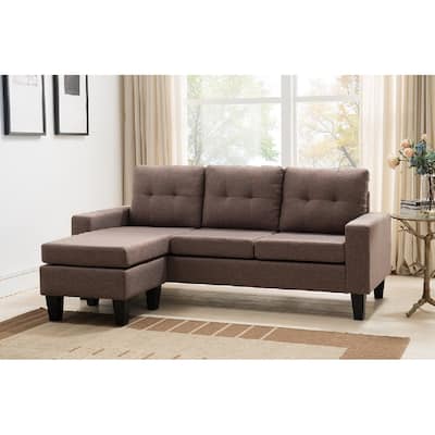 Fabric Upholstered Tufted Reversible L-Shape Sectional Sofa w/ Ottoman