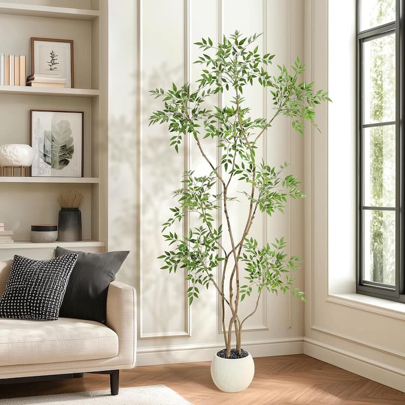 Artificial Plants Indoor, 5FT Tall Faux Floor Plant in Pot, Nandina Artificial Tree with Grey Planter