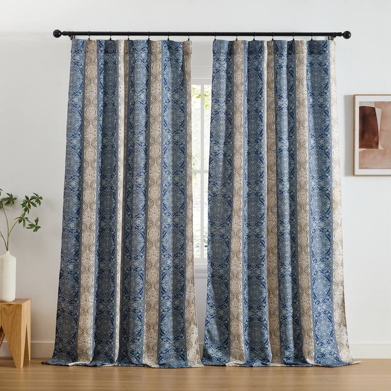 HLC.ME William Boho Damask Striped Window Back Tab Rod Pocket Curtains - Light Blocking Darkening Panels, Set of 2