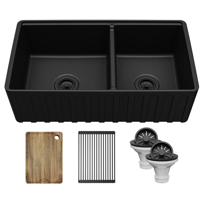 Karran 33" Double Bowl Workstation Fireclay Kitchen Sink with Reversible Fluted Apron Front - Matte Black