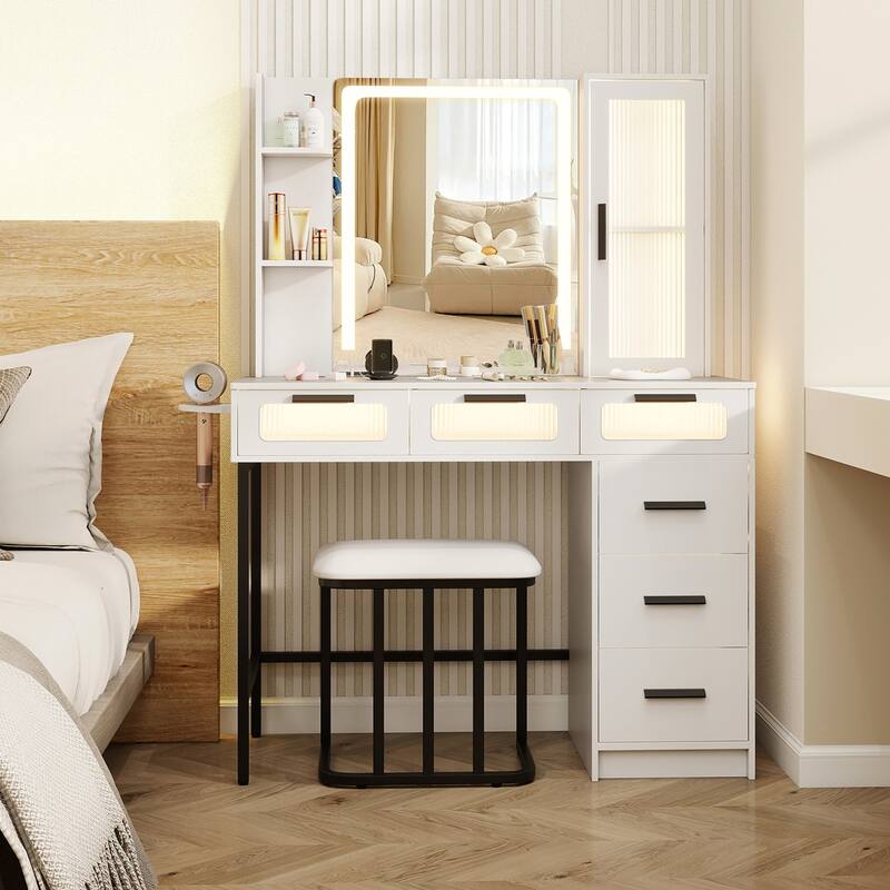 Gymax Vanity Desk w/ Mirror Induction Lighting 3-Color Lighting Modes