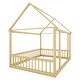 preview thumbnail 11 of 11, Natural Full Size Pine Wood Floor Wooden Bed with House Roof Frame and Safety Guardrails