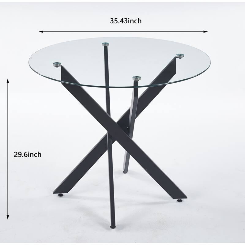 Modern Round Glass Dining Table for 2 to 4 Person, Circle Kitchen Table with Tempered Glass Top and Cross Metal Legs