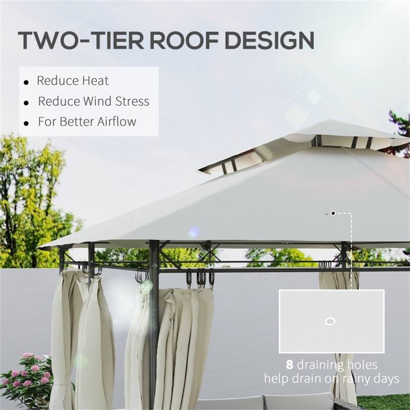 Large Metal Deck Gazebo with Two-Tier Roof and Removable Curtains Water-Drain Design for 12-Person