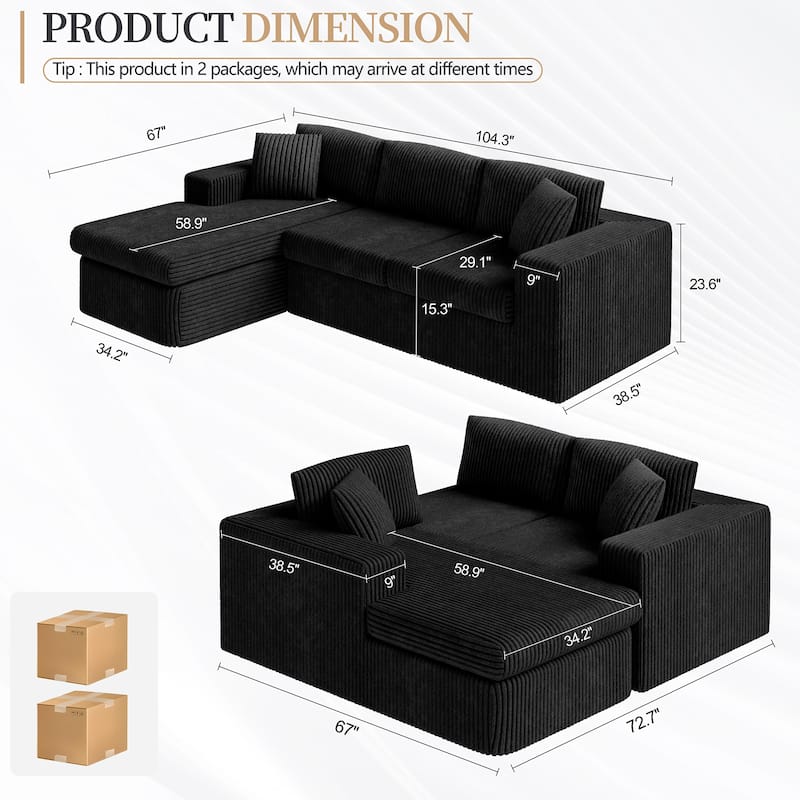Futzca No-Assembly Modular Sofa, Corduroy Couch with High-Density Foam