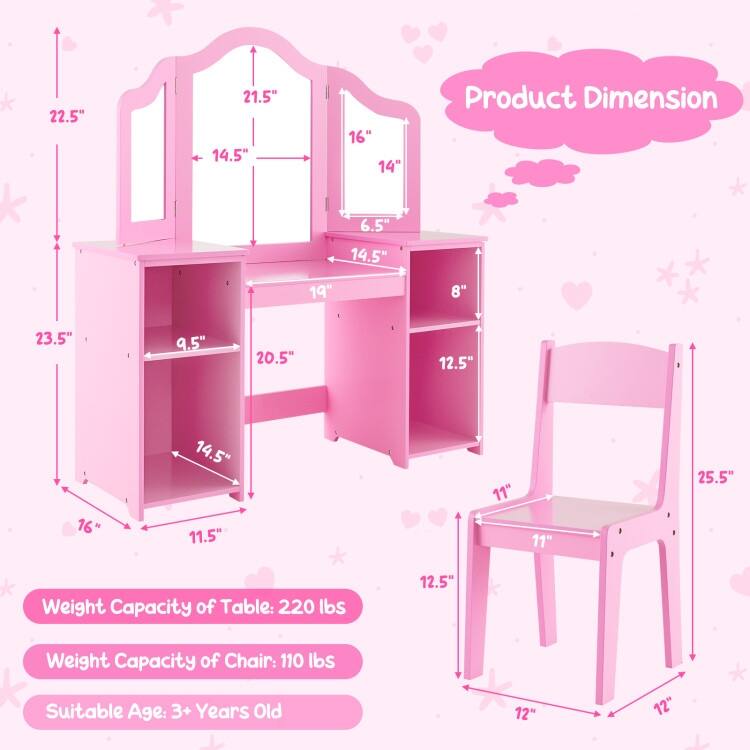 Kids Vanity Table and Chair Set with Removable Tri-Folding Mirror - 41" x 16" x 46"