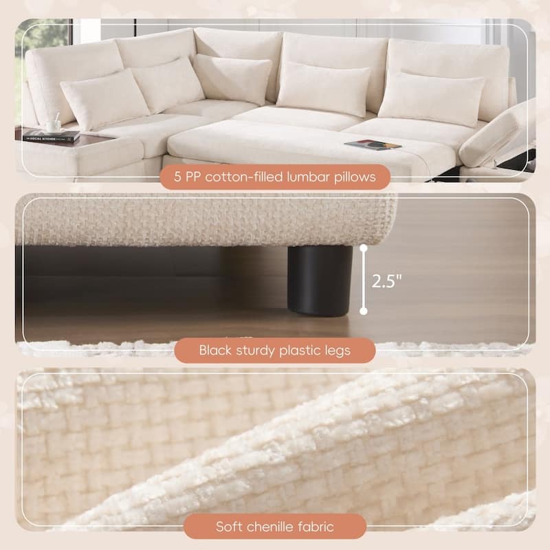 107'' Modular Chenille L-shape Sectional Sofa with Pull-out Sofa and Storage Ottoman