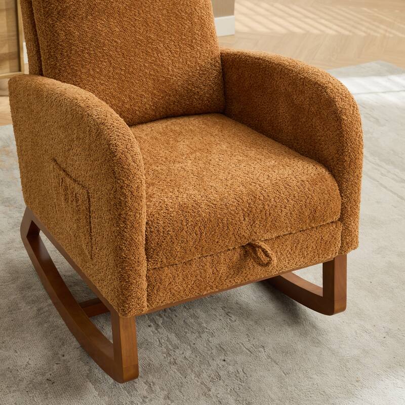 Boucle Fabric Rocking Chair with Retractable Footrest and Side Pocket