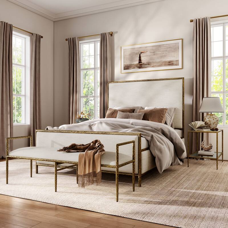 247 Shop At Home Lalia Modern 4-Piece Upholstered Hammered Metal Panel Bedroom Set with 2 Nightstands and Bench - Matte Gold - Queen