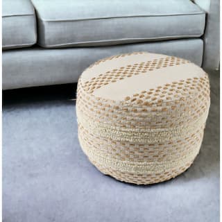 18" Ivory and Brown Cotton Blend Round Striped Pouf Ottoman