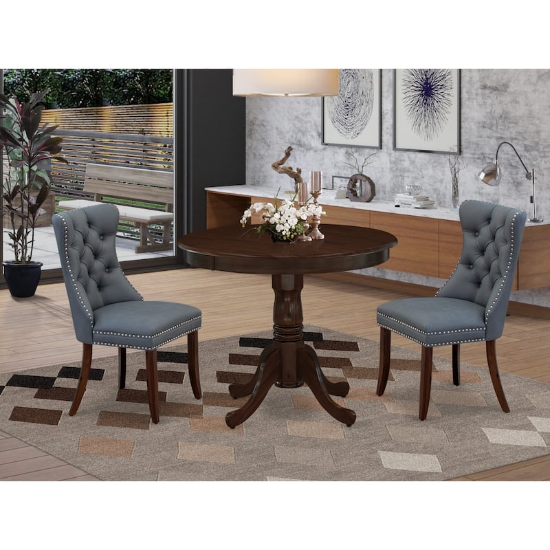 East West Furniture Kitchen Table Set Includes a Round Dining Table and Upholstered Chairs, Antique Walnut (Pieces Options) - ANDA3-AWA-13