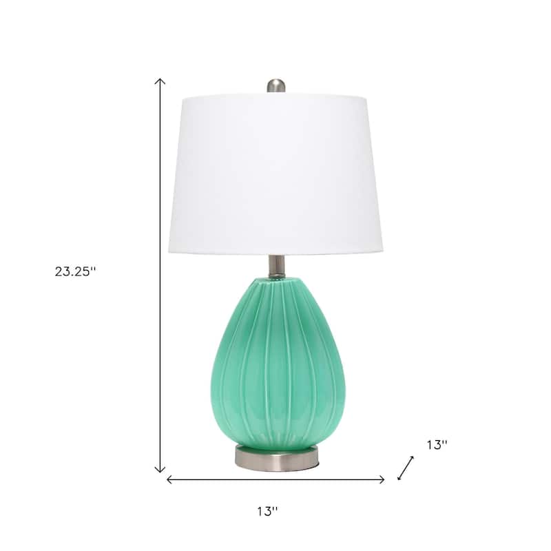 HomeRoots 23" Sea Green And Silver Geometric Lines Table Lamp With White Drum Shade - 13.00 in. x 23.25 in. x 13.00 in.