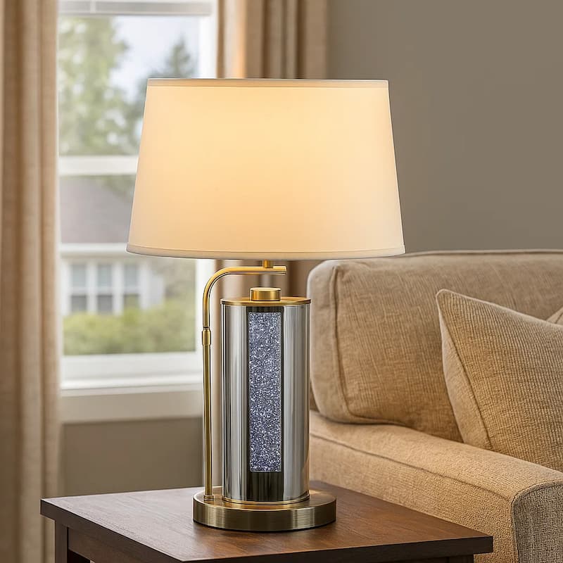 29 Inch Table Lamp with LED Night Light Stand, Glass, Antique Brass