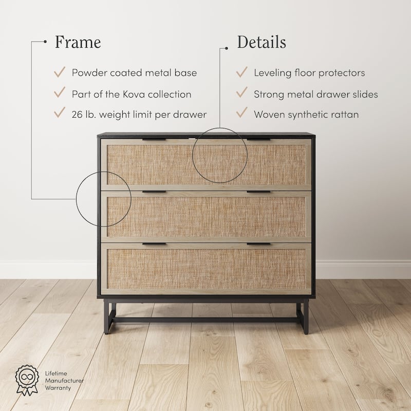 Kova 3-Drawer Rattan Dresser or Bohemian Living Room Storage Cabinet with Textilene Rattan Accent and Metal Legs