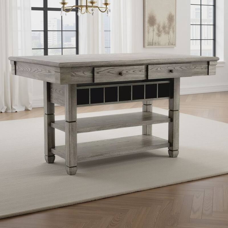 Yani Counter Height Table, 60 Inch Rectangular Top, Gray Solid Wood