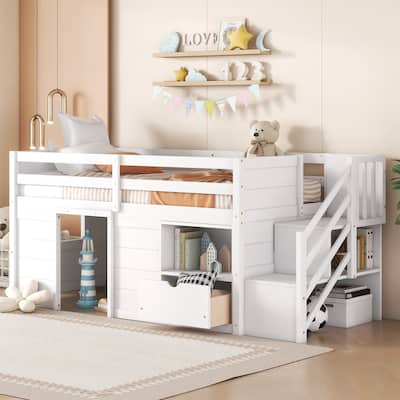 Fun Twin Loft Bed with Storage Drawer & Built-in Stair