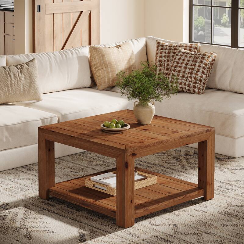 Solid Wood Coffee Table, 2-Tier Open Storage Shelf Living Room Center Cocktail Accent Table