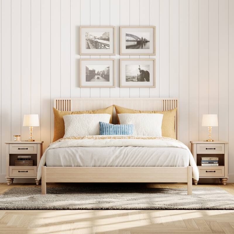 Farmhouse Nightstand Bedside Table, Wood 2-Drawer Side Table