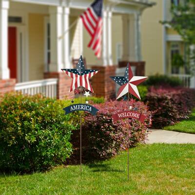 Glitzhome 42"H Set of 2 America Welcome Star Yard Stakes