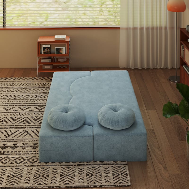 Modern Floor Sofa with 2 Pillows,Convertible Plush Corduroy Foam-Filled Sleeper Sofa Bed