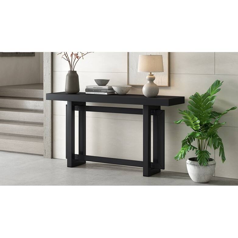 Contemporary Console Table with Wood Top - Black