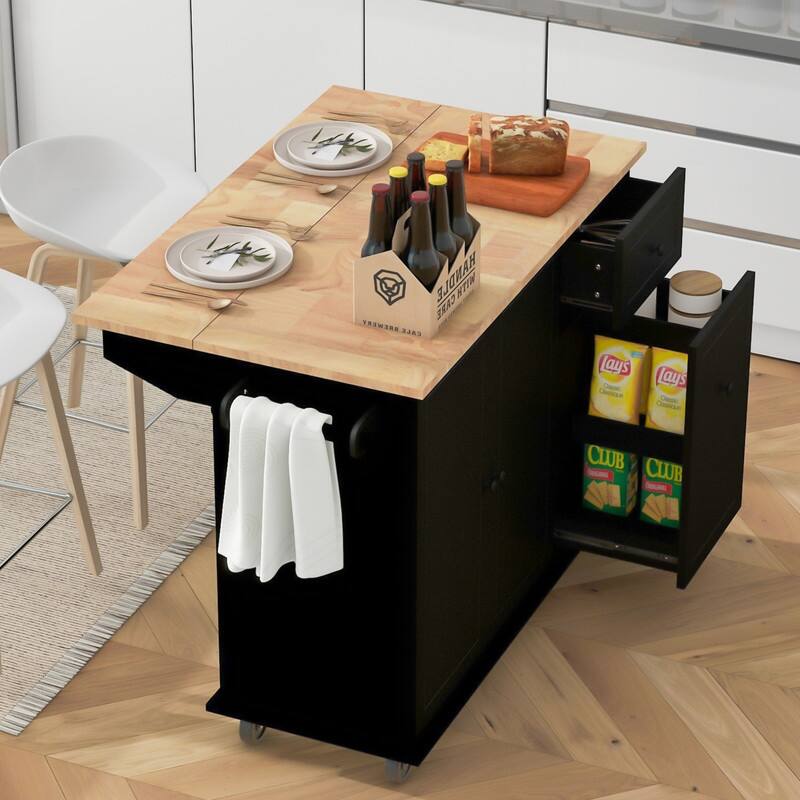 Kitchen Island with Drop Leaf, 53.9" Rolling Kitchen Cart on Wheels w/ Internal Storage Rack & 3 Tier Pull Out Cabinet Organizer