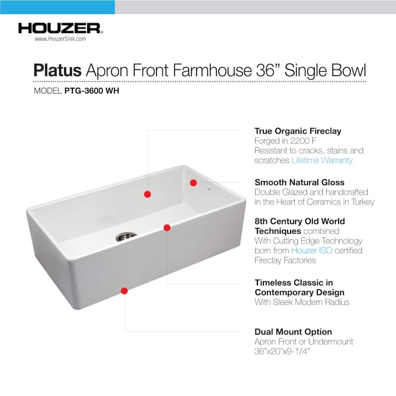 Houzer PTG-3600-C Platus 36" Farmhouse Single Basin Fireclay Kitchen