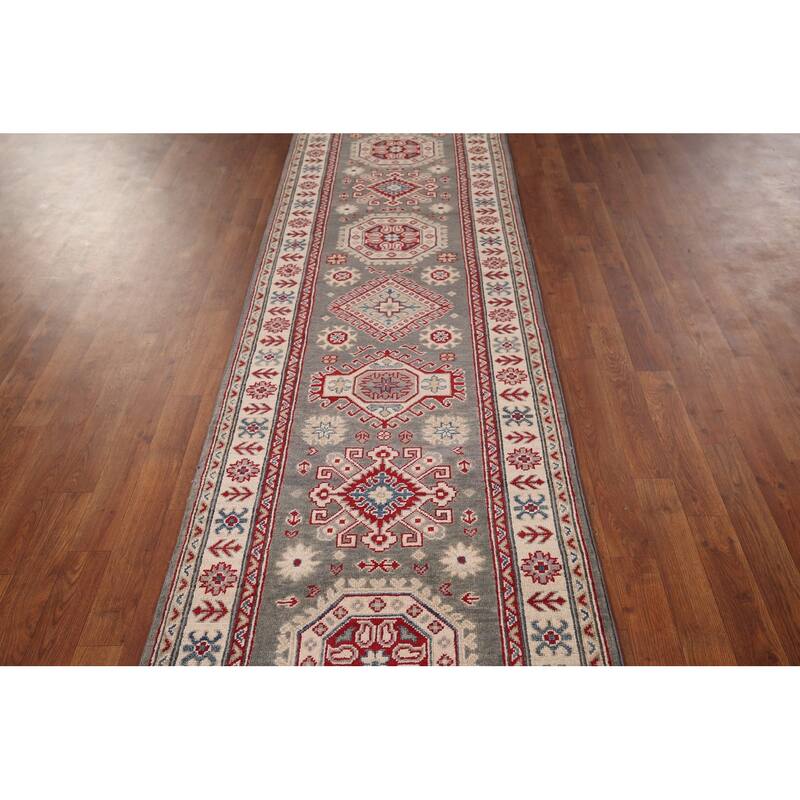Gray Geometric Kazak Oriental Runner Rug Handmade Wool Carpet - 2'8" x 16'4"