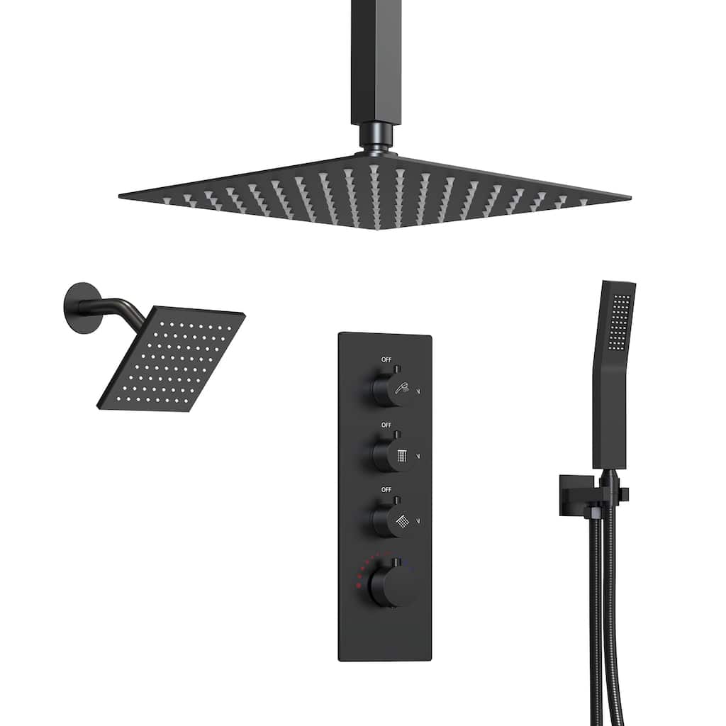 Dual Heads 16" Rainfall & High Pressure 6" Shower System w/ 3 Way Thermostatic Faucet 