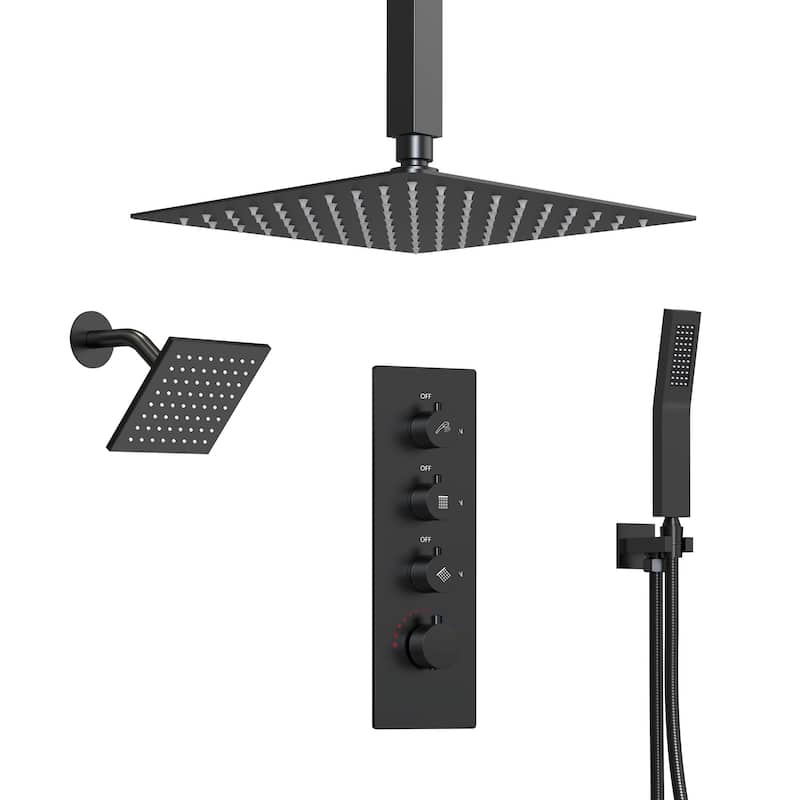 Dual Heads 16" Rainfall & High Pressure 6" Shower System w/ 3 Way Thermostatic Faucet  - Matte Black