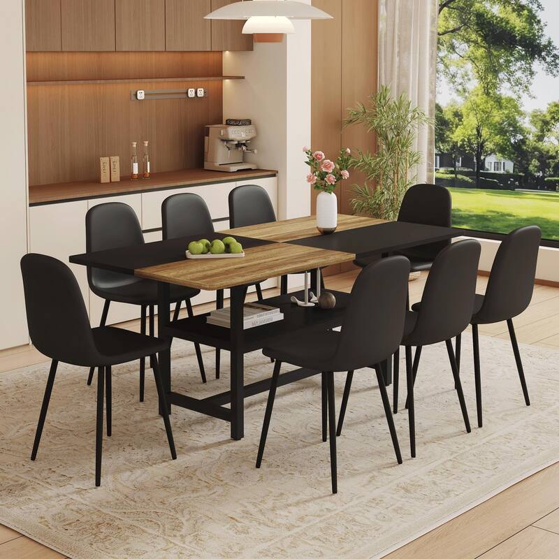 Roomfitters 9pcs Wood and Black Spliced Dining Table Set with Storage Base and Mid-Century PU Chairs, Black